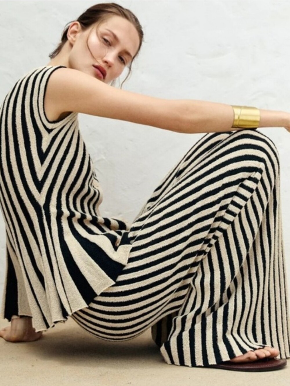Zara Black & Cream Vertical Stripe Knit Wide-Leg Set
